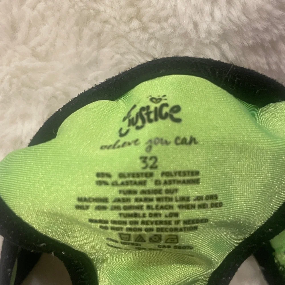 Justice Girls sports bras. 3 bras (1 unbranded). Green, gray, emojis Size L girl